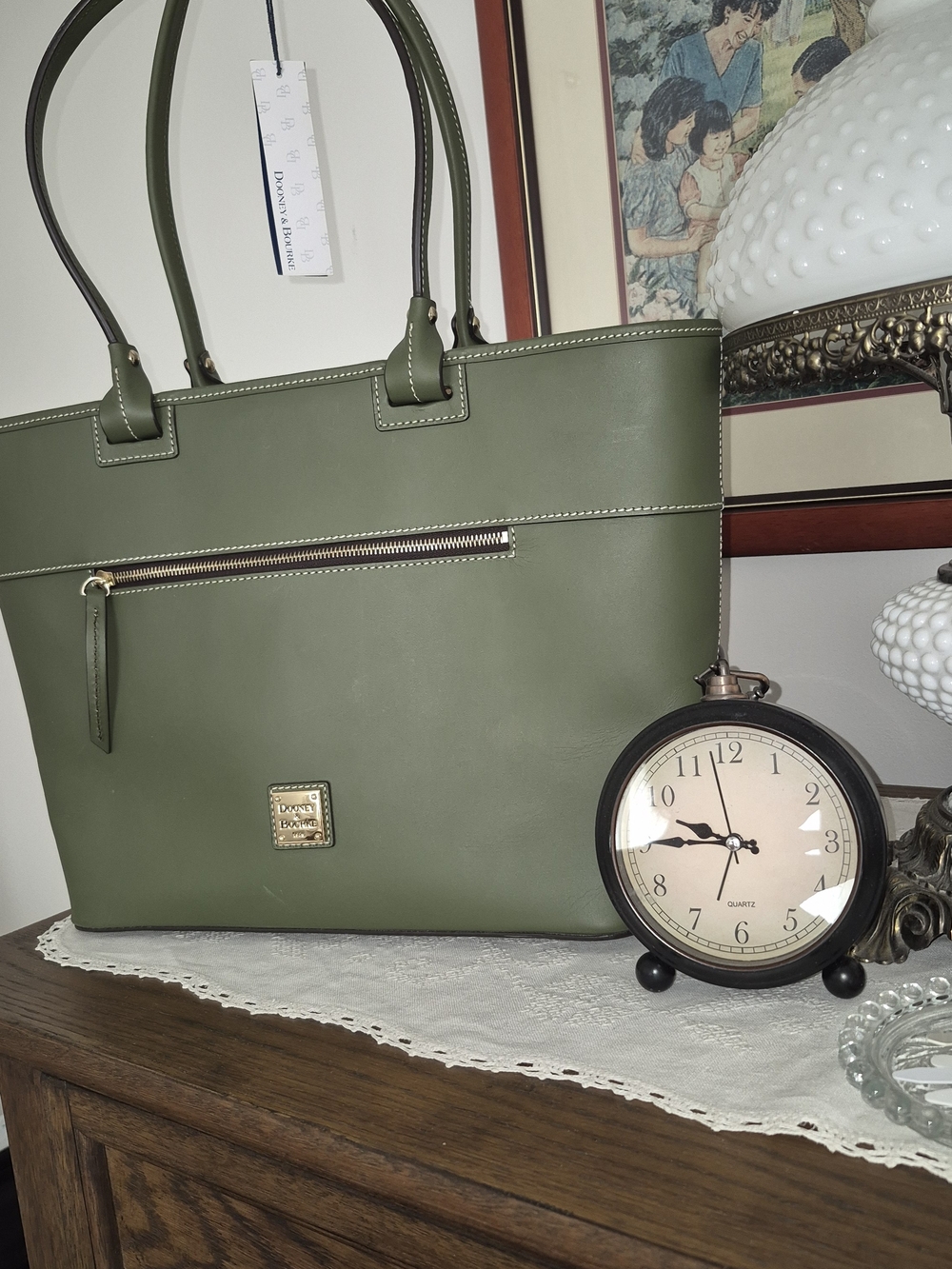 Dooney & Bourke Olive Green Beacon  Leather Tote with Front Zip Pocket